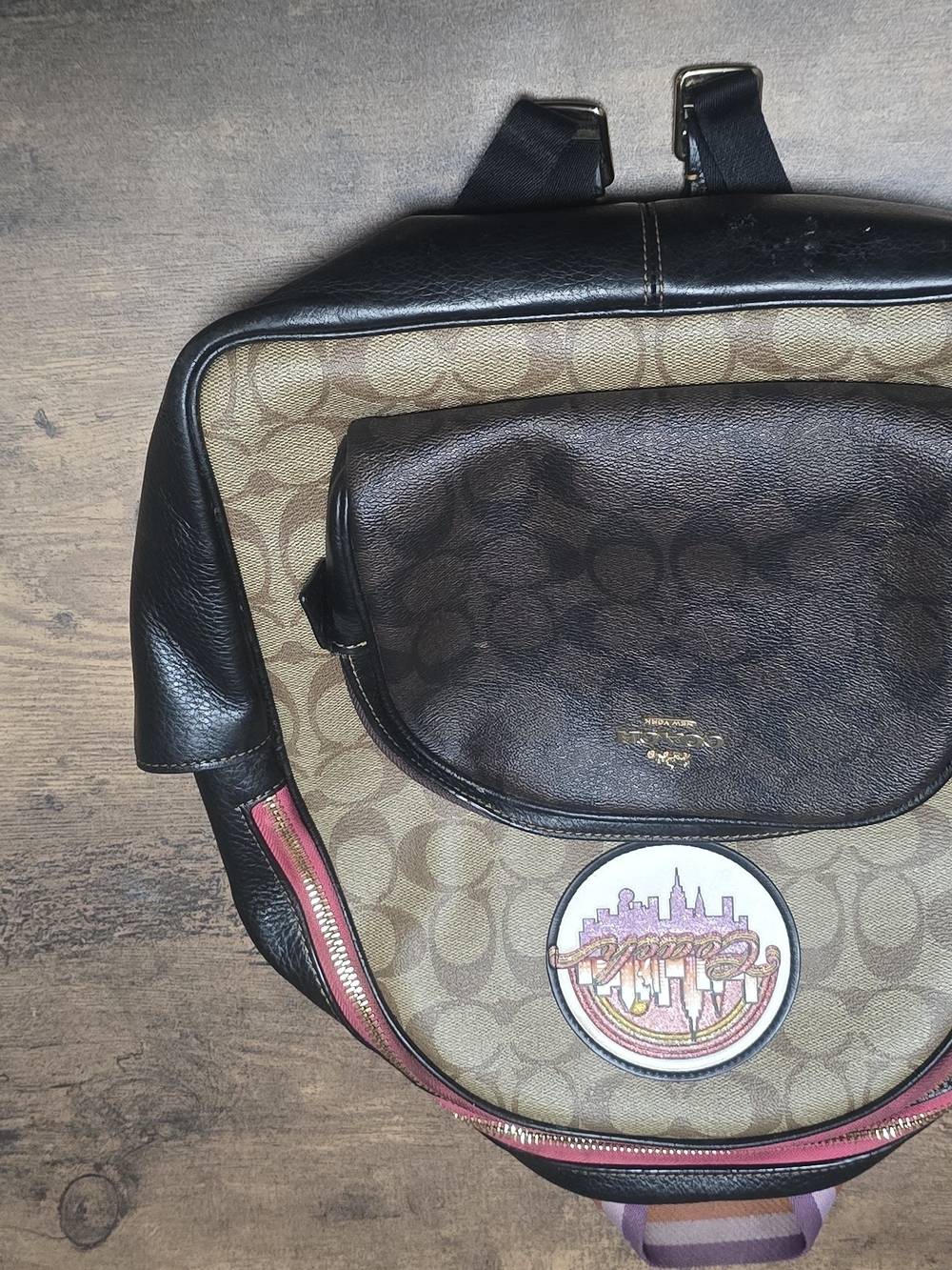 Coach Monogram Canvas Backpack with Black Leather and Pink Trim